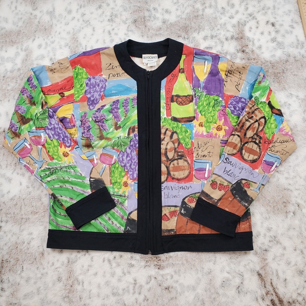 Vintage 80s‎ SILKSCAPES Hand Painted Wine Theme Full Zip Bomber Jacket Medium